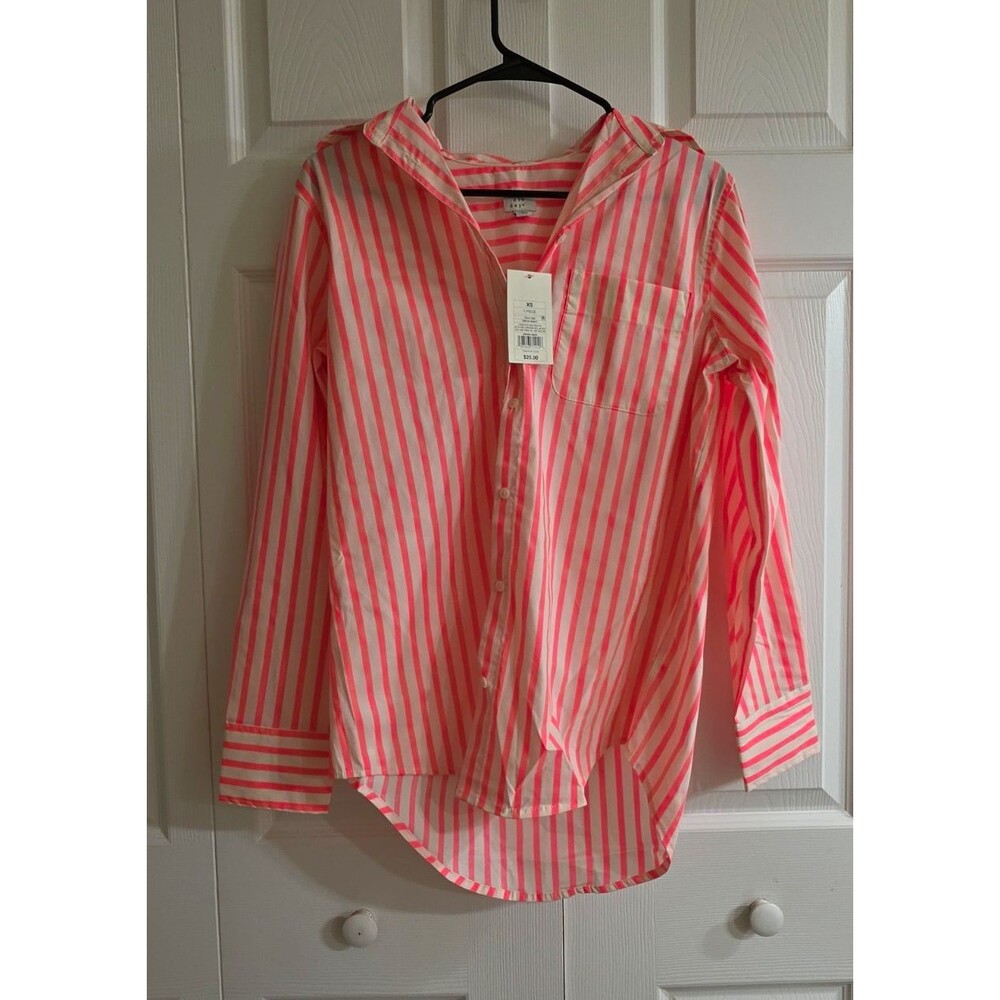 A New Day Women's XS Pink White Striped Collared Button-Up Long Sleeve Shirt